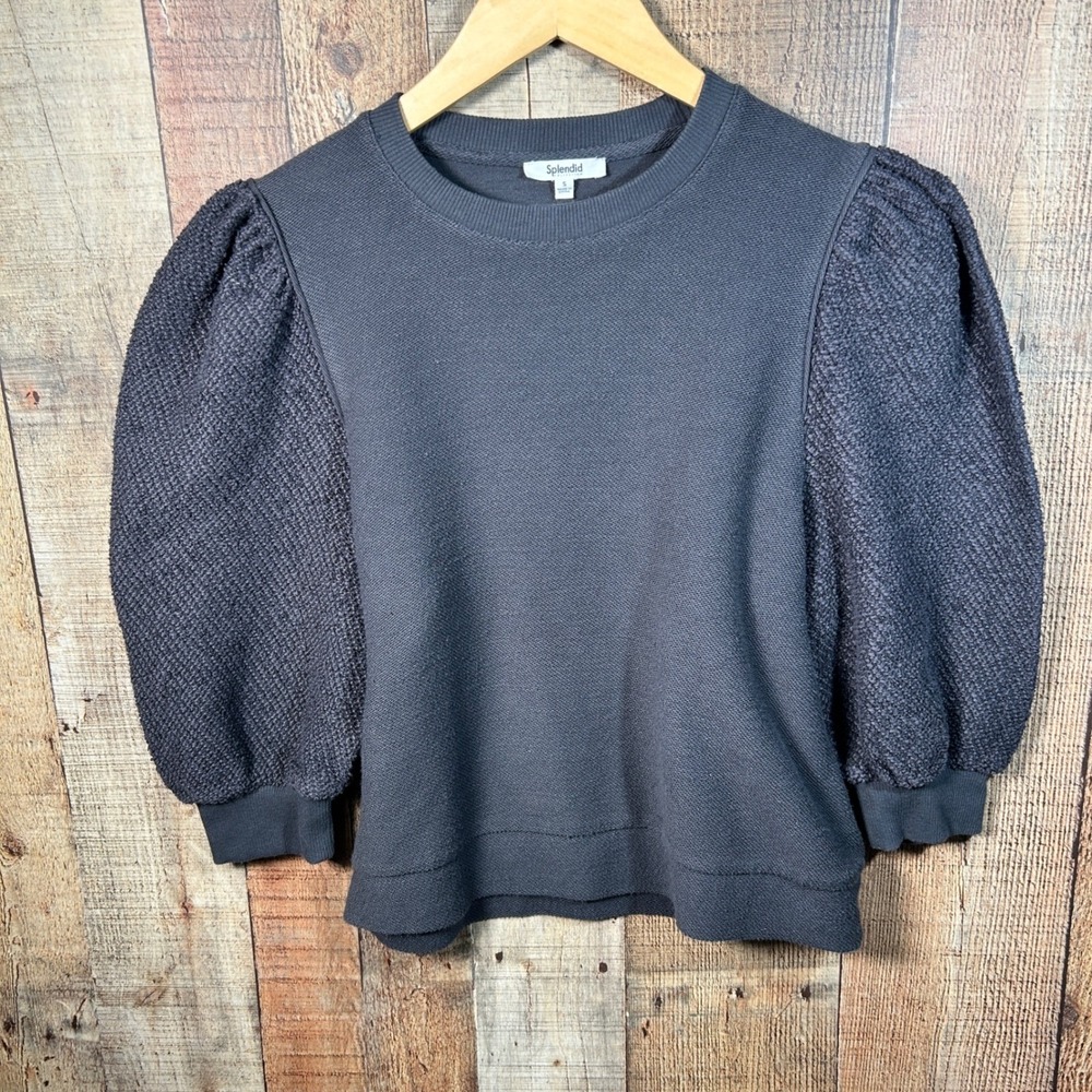 Splendid Size Small Gray Puff Sleeve Sweatshirt Textured Boucle Knit Blouse Top